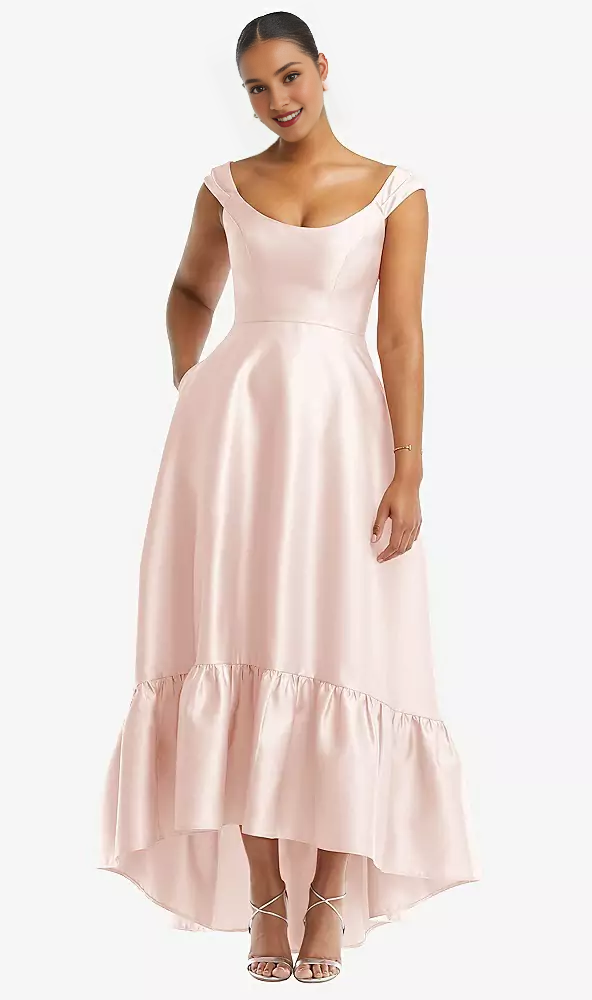 Pocket lid sleeves deep ruffle hem satin high and low hem Prom dress